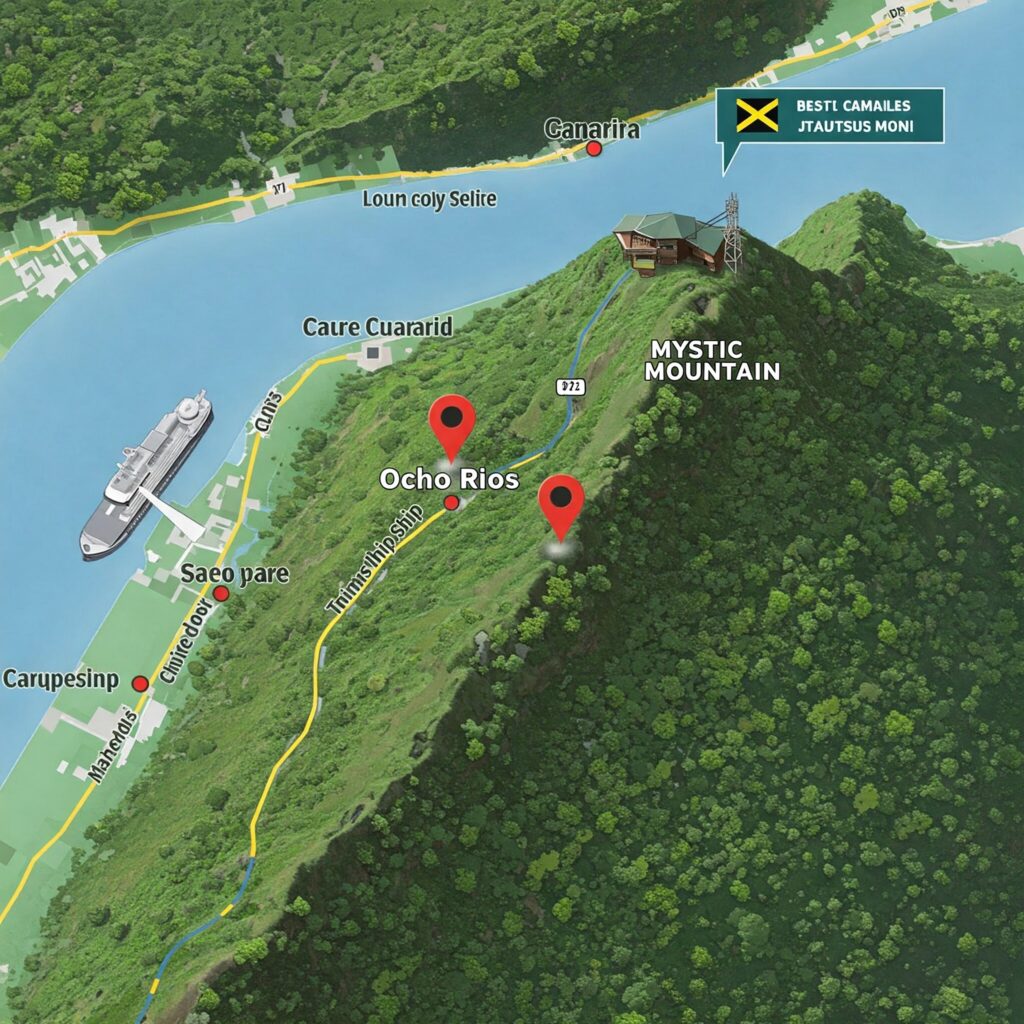 Map showing Mystic Mountain Jamaica near Ocho Rios and cruise port