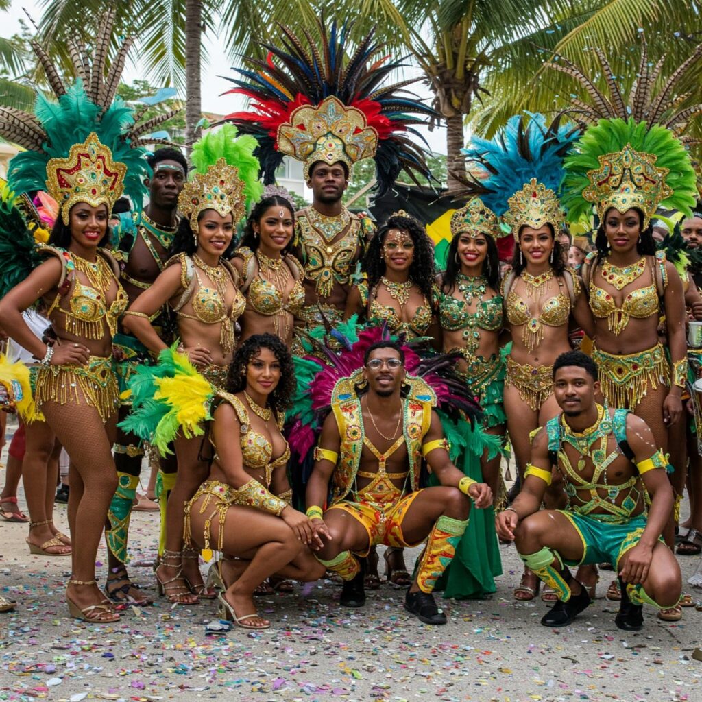 Colorful Jamaica Carnival 2025 costume with feathers and sequins