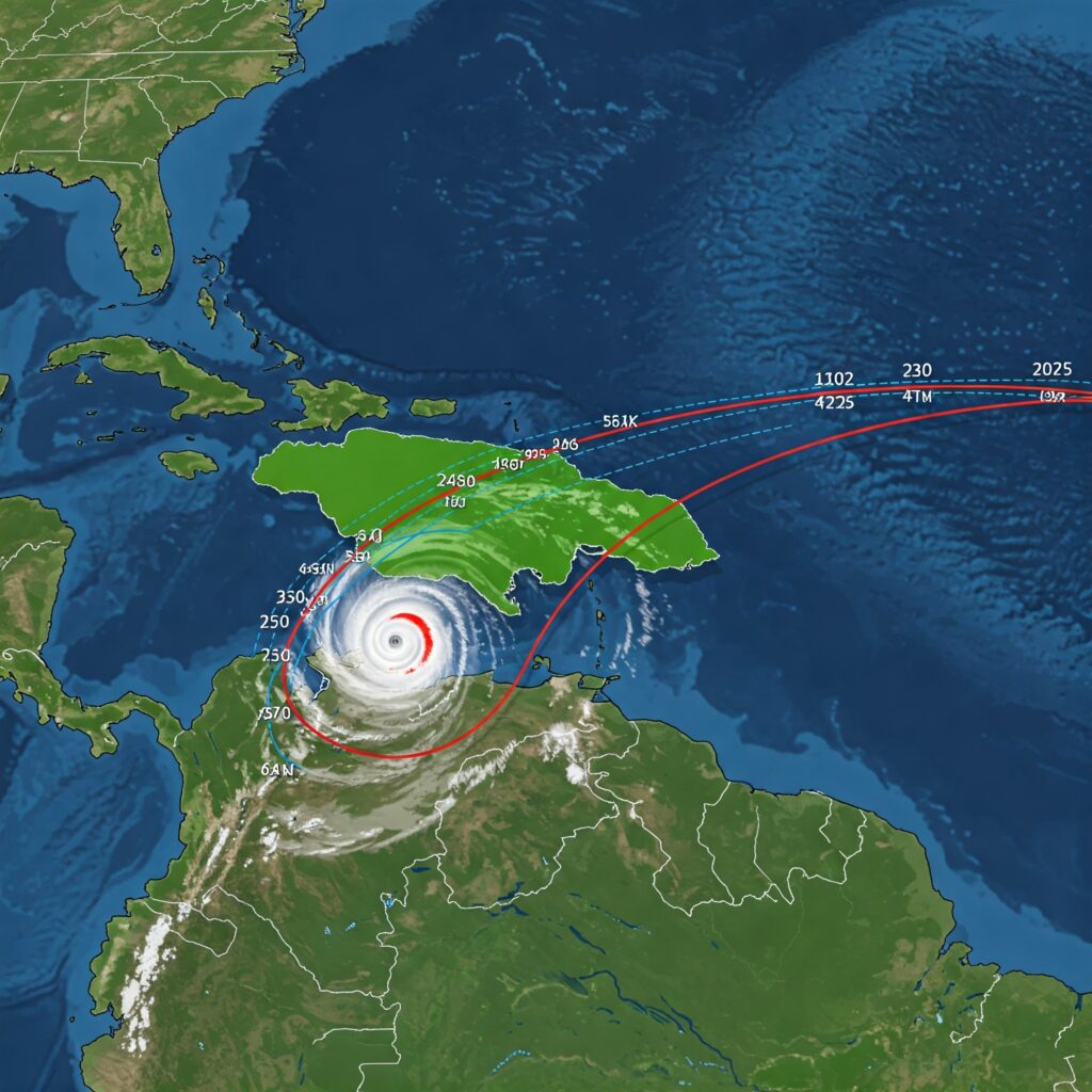 Map showing Jamaica with a 2025 hurricane path and weather tracking overlay.