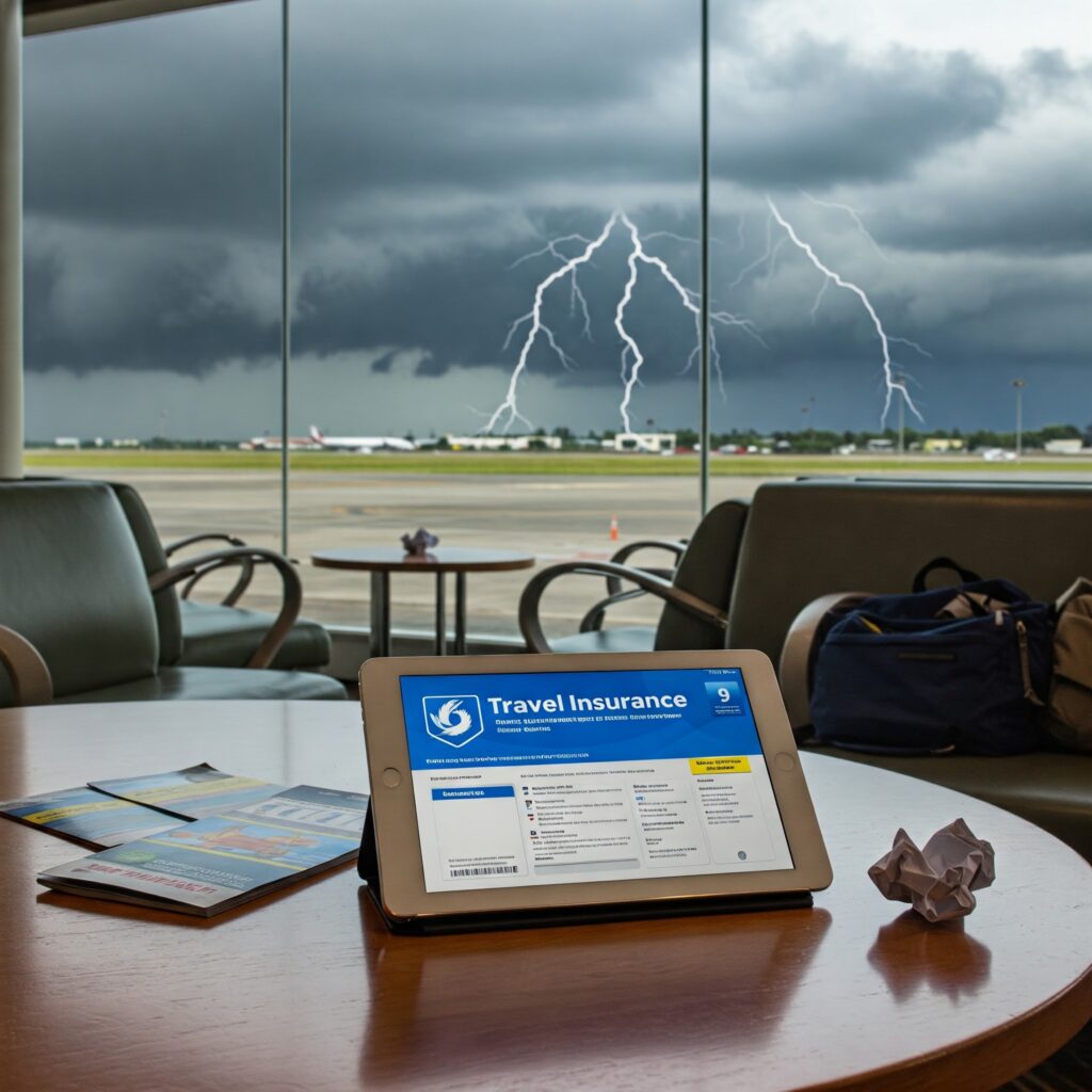 Traveler checks insurance at Montego Bay airport during Jamaica hurricane season.