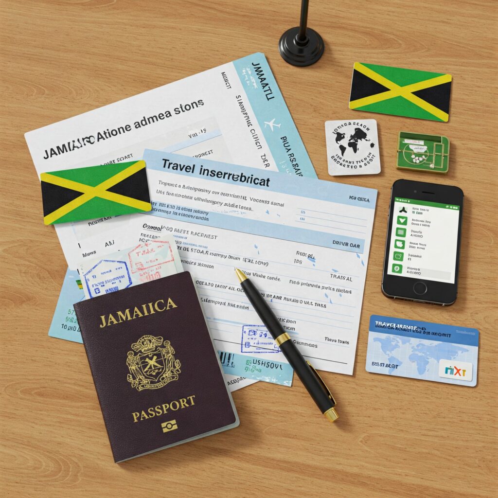 Packing list for Jamaica with travel essentials on a wooden table