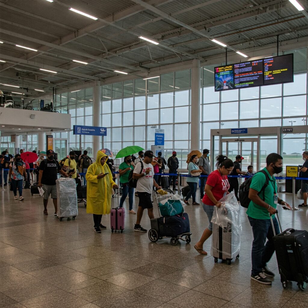 Travelers at Montego Bay Airport during Jamaica hurricane season.