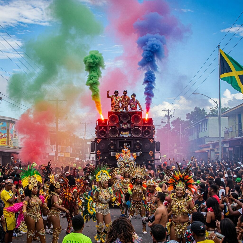 Colorful costumes and dancers at Jamaica Carnival 2025 band parade.