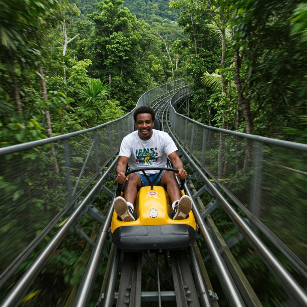 Person riding Rainforest Bobsled at Mystic Mountain Jamaica.