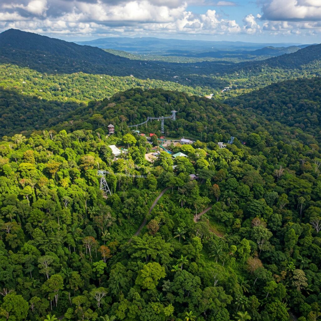 Scenic aerial view of Mystic Mountain Jamaica rainforest adventure park in Ocho Rios.
