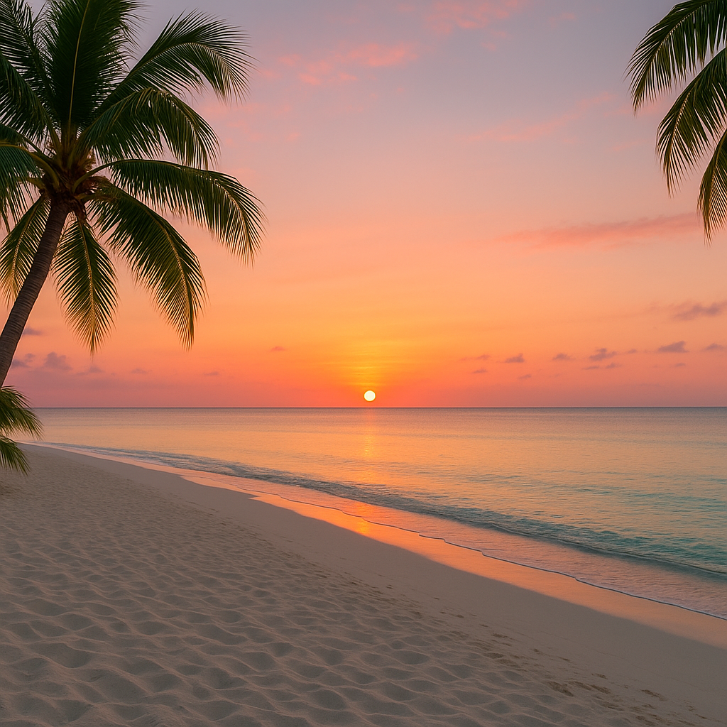 A tranquil view of the sunset in Jamaica at Seven Mile Beach, a peaceful sunset spot in Jamaica.