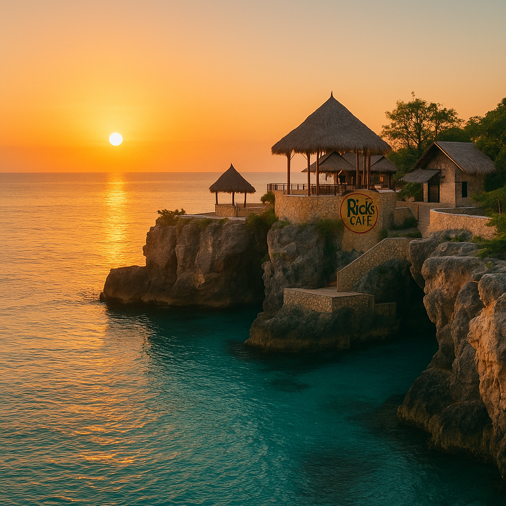 Sunset in Jamaica over the cliffs at Rick’s Cafe, one of the most iconic sunset spots in Jamaica.