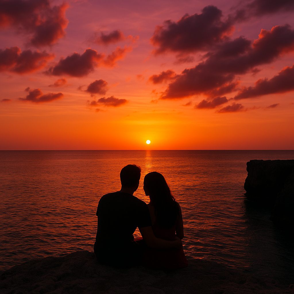 Couple watching Negril sunset at Rick’s Cafe, one of the best sunset spots in Jamaica, surrounded by glowing skies and tranquil sea.