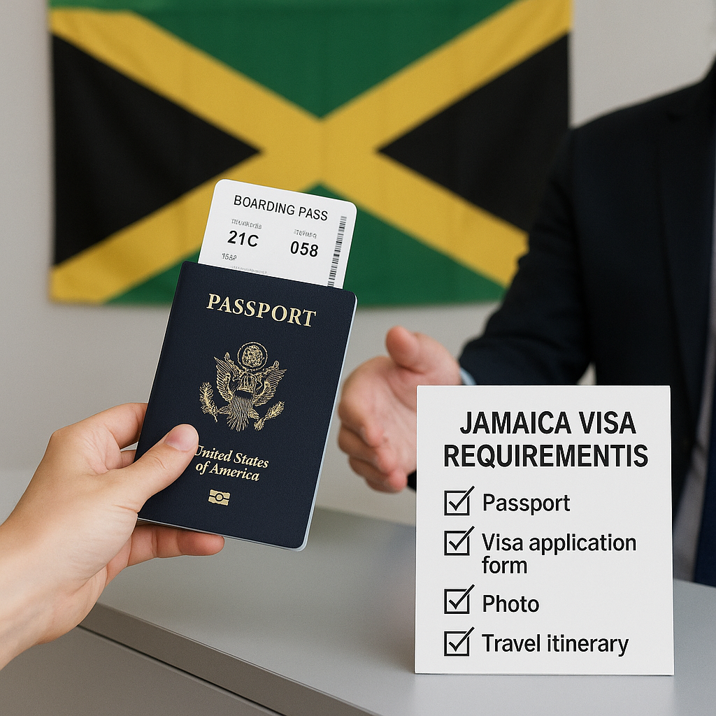Traveler meeting general Jamaica visa requirements at airport immigration to enter Jamaica.
