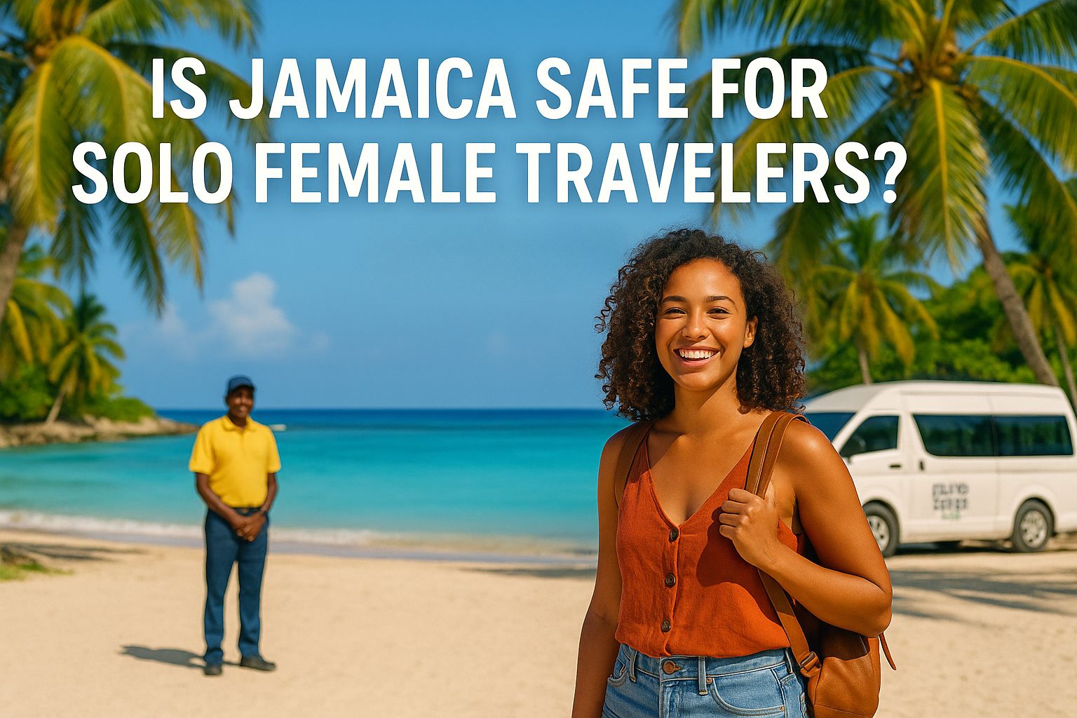 Is Jamaica Safe for Solo Female Travelers: Guide 2026 A confident solo female traveler with medium or light brown skin, curly or wavy hair, and a stylish summer outfit stands smiling on a tropical Jamaican beach with turquoise water and lush palm trees. In the background, a friendly local guide and a luxury van marked with the "Island Dream Tour" logo subtly indicate safety and support. The scene is sunlit, vibrant, and welcoming, styled like a modern travel magazine, with a clear space reserved for the text: "Is Jamaica Safe for Solo Female Travelers: Guide 2026.