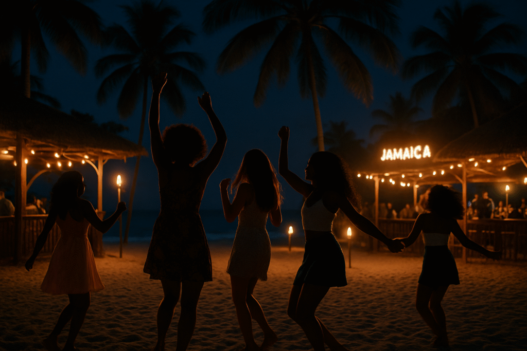 Distant view of women dancing at a lively, safe beach party in Jamaica at night, showing carefree solo travel fun with a tropical atmosphere.
