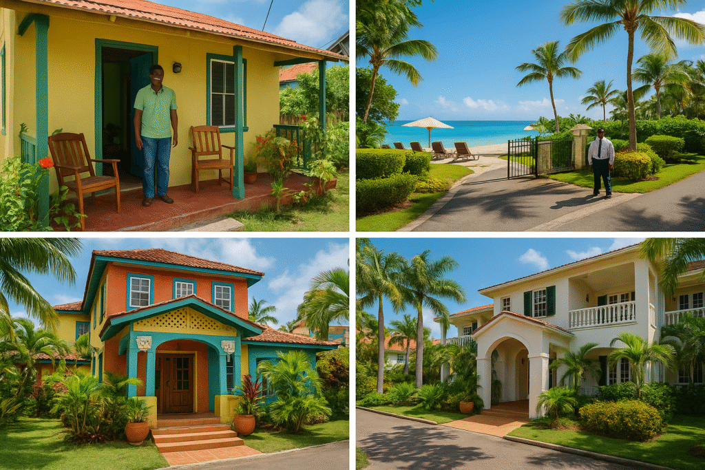 A realistic collage of travel-style photos showing alternatives to Airbnb in Jamaica, including a charming guesthouse, a beachfront resort with strong security, and a colorful boutique hotel — ideal for tourists asking “Is Airbnb Safe in Jamaica for Tourists?