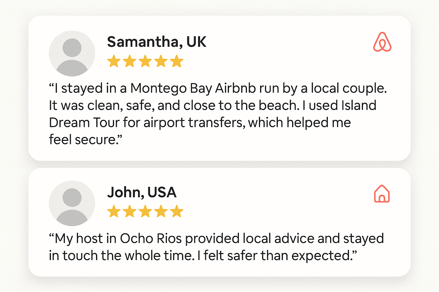 Two verified Airbnb-style guest reviews with 5-star ratings. Samantha from the UK shares her safe stay experience in Montego Bay and praises Island Dream Tour's airport transfer.
