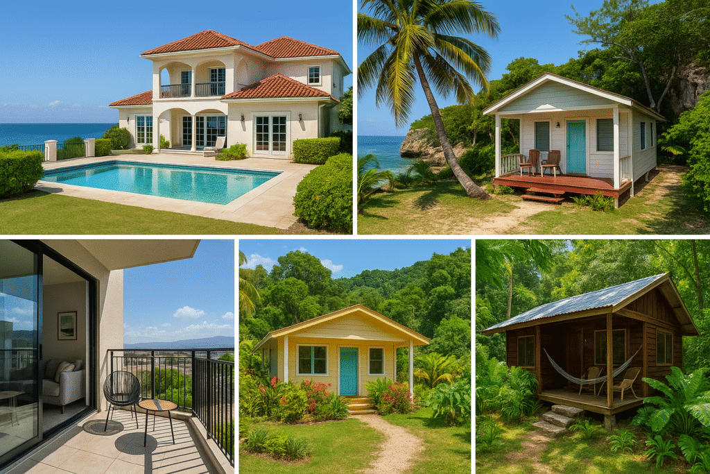 A clean, realistic collage of five Airbnb-style properties representing safe stays in Jamaica. One shows a gated villa in Montego Bay with ocean views, another features a cozy beach cottage in Negril near cliffs and palm trees. Also included is a modern urban apartment in Kingston. This visual supports the question: Is Airbnb Safe in Jamaica for Tourists by showcasing trusted, well-reviewed accommodation options across major tourist areas.