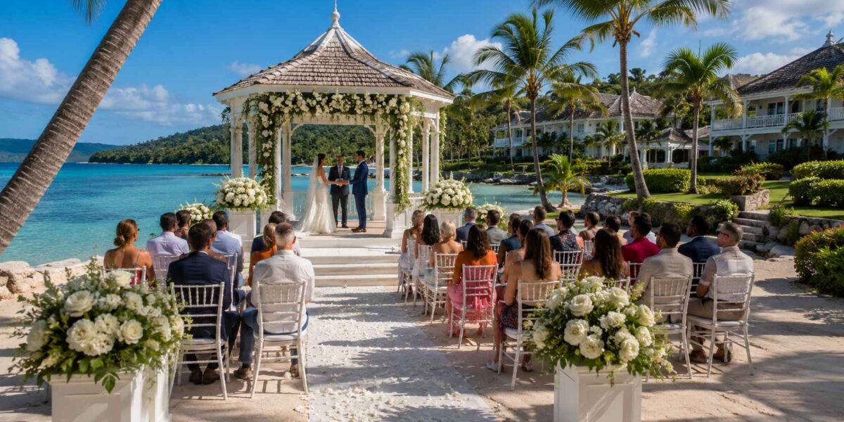 Beachfront wedding ceremony at Half Moon Montego Bay, one of the best Jamaica destination wedding venues.