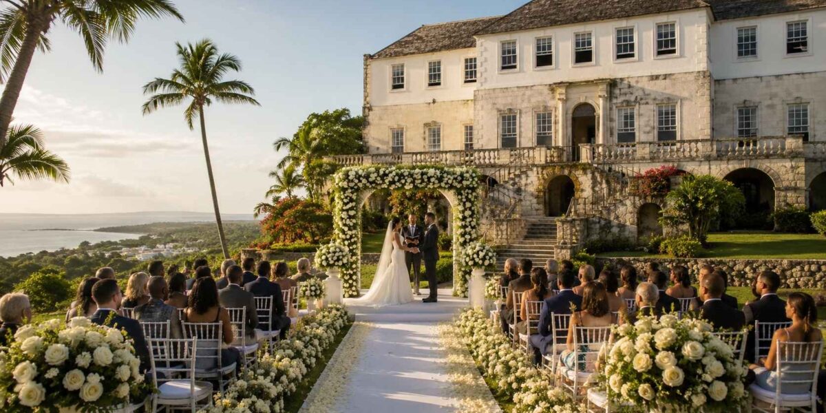 Romantic wedding ceremony at Rose Hall Great House in Montego Bay, one of the best Jamaica destination wedding venues for.
