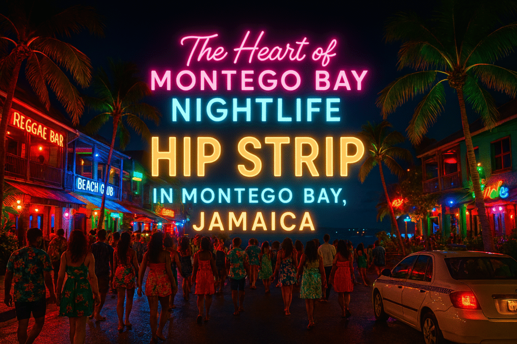 Hip Strip in Montego Bay Jamaica nightlife with neon lights, bars, and people enjoying the evening.