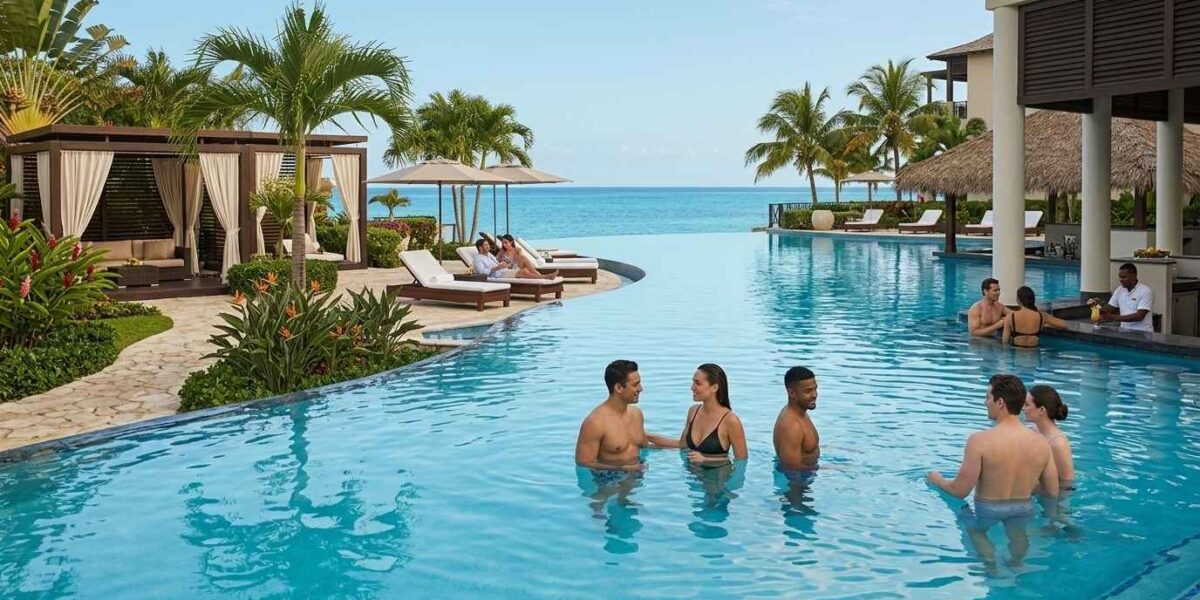 Secrets Wild Orchid Montego Bay infinity pool and relaxation area overlooking the Caribbean Sea.