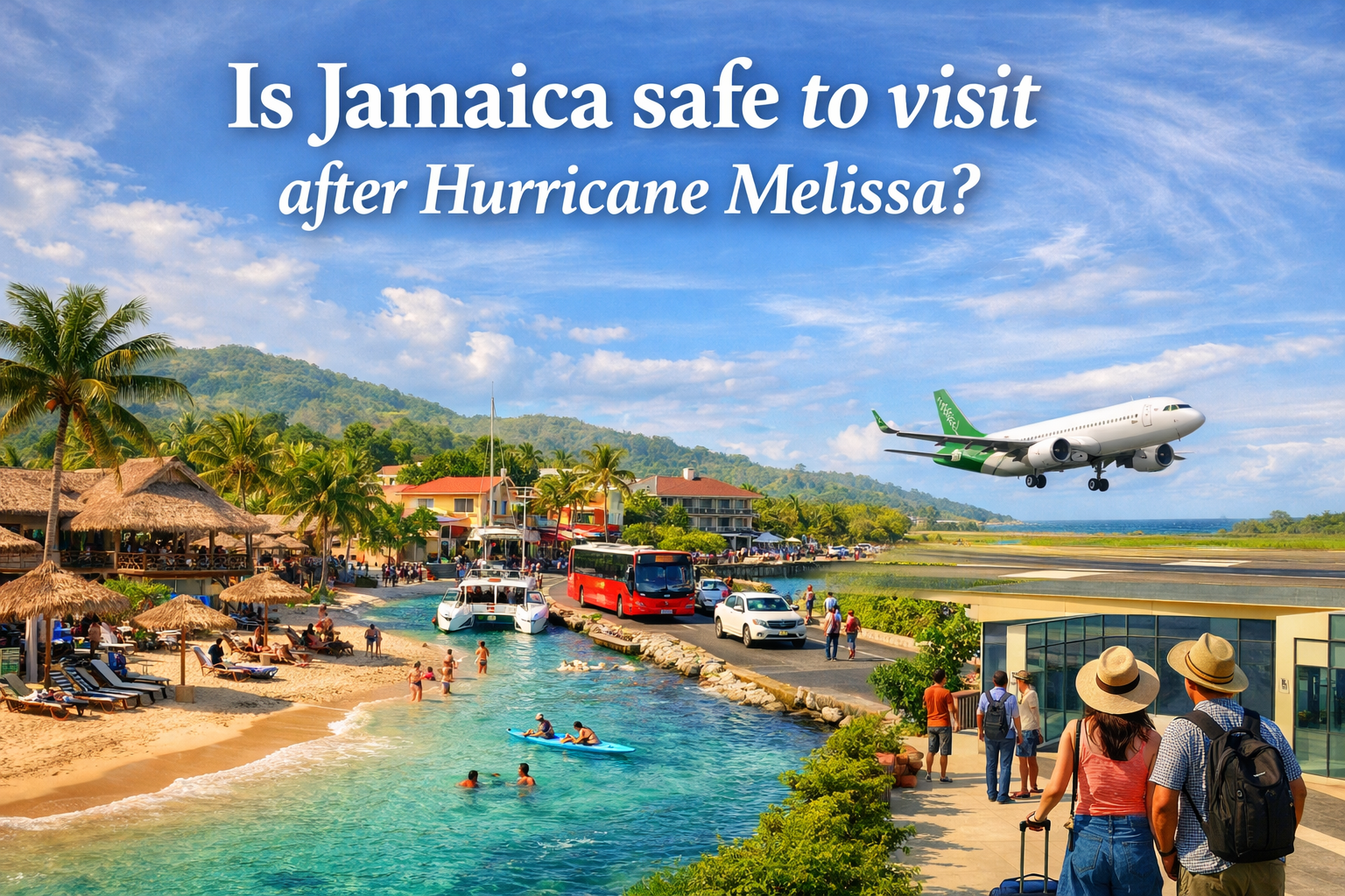 Hurricane Melissa 2025: Complete Recovery Update & Safe Travel Guide to Jamaica A realistic view of Jamaica post Hurricane Melissa showing beaches, resorts, and airports fully operational with tourists and transportation services active, representing recovery and safe travel.