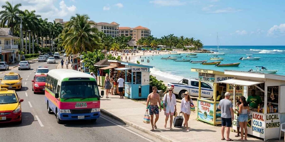 Is It Safe to Travel to Jamaica showing Montego Bay Hip Strip street near Doctor’s Cave Beach with tourists taxis and safe coastal scene