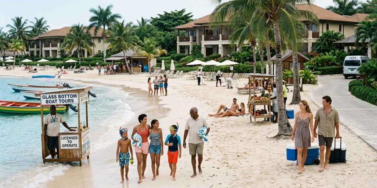 Is It Safe to Travel to Jamaica showing tourists enjoying safe beach resort area with families walking and calm Caribbean ocean