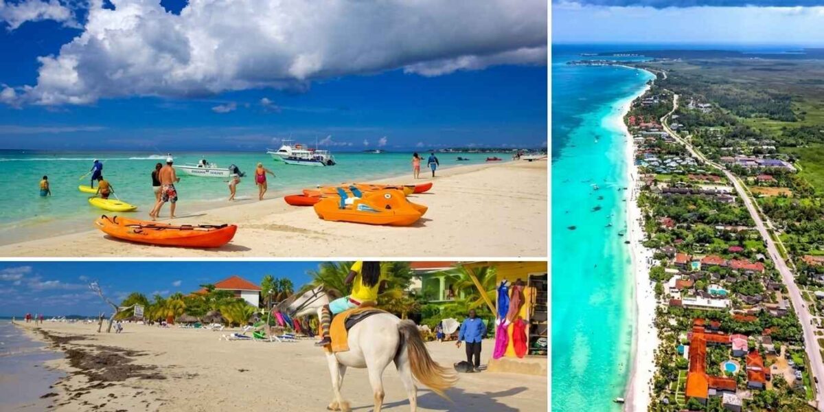 Is It Safe to Travel to Jamaica showing Seven Mile Beach Negril collage with tourists beach ocean and safe travel environment