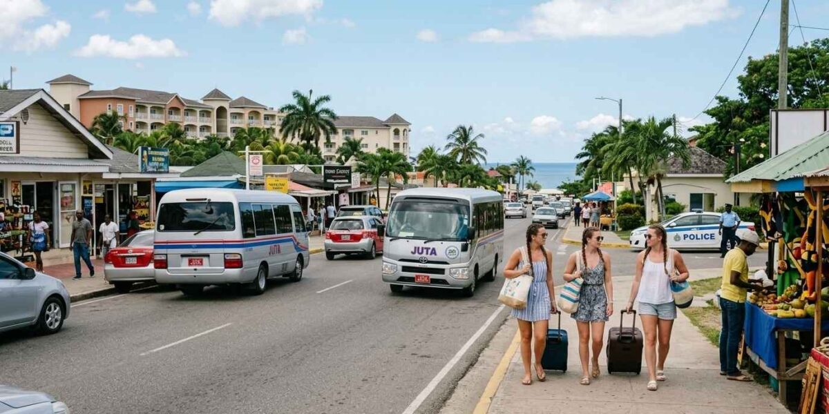 Is It Safe to Travel to Jamaica showing real tourist street scene with taxis, travelers, and safe resort area environment in daylight