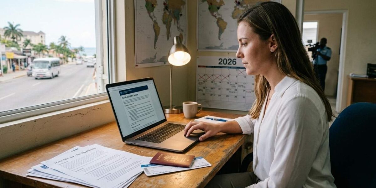 Is It Safe to Travel to Jamaica travel advisory research with passport laptop showing safety planning before trip to Jamaica