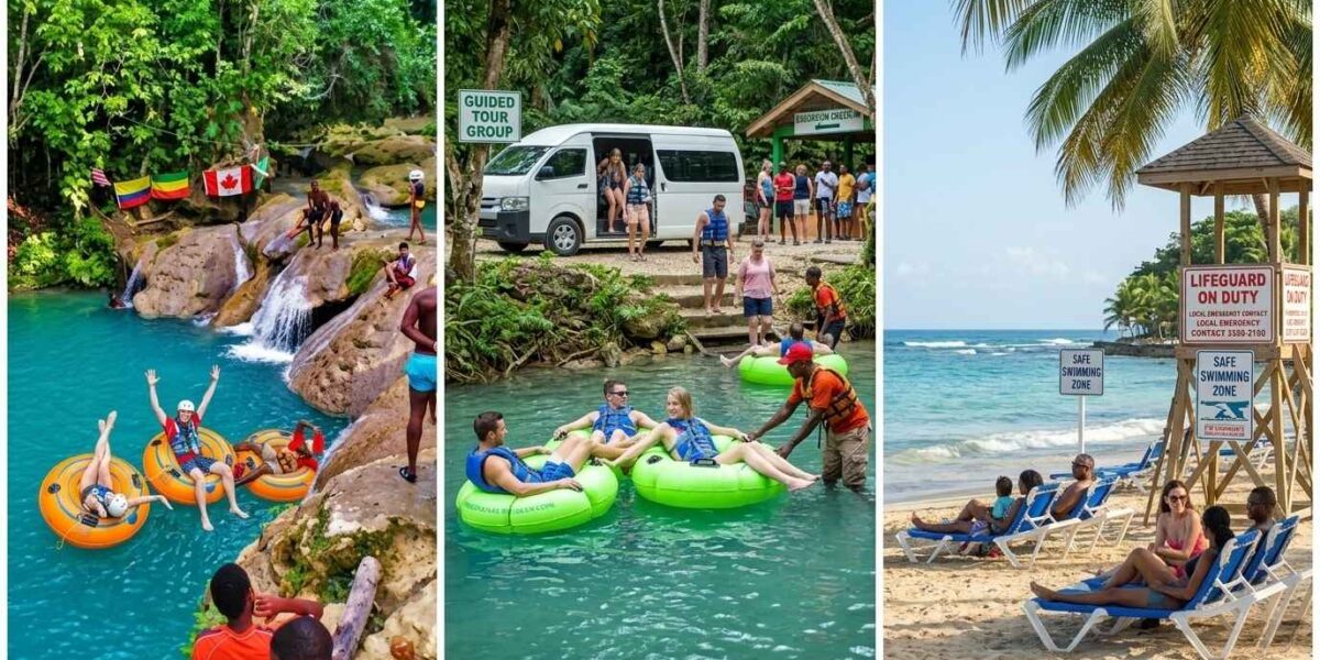 Is It Safe to Travel to Jamaica showing Ocho Rios Blue Hole collage with tourists, waterfalls, and safe travel adventure scenes