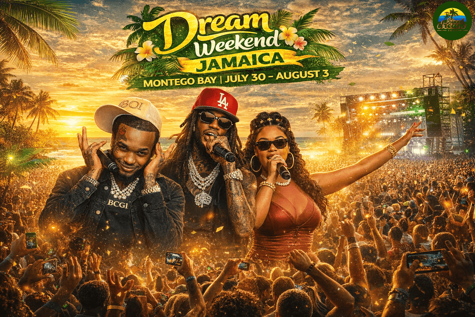 Dream Weekend Jamaica 2026: Dates, Events & Tips Crowd enjoying Dream Weekend Jamaica in Montego Bay with Dancehall and Reggae performers Tommy Lee Sparta, Alkaline, and Shaneil Muir on stage, colorful tropical festival lights and palm trees in the background