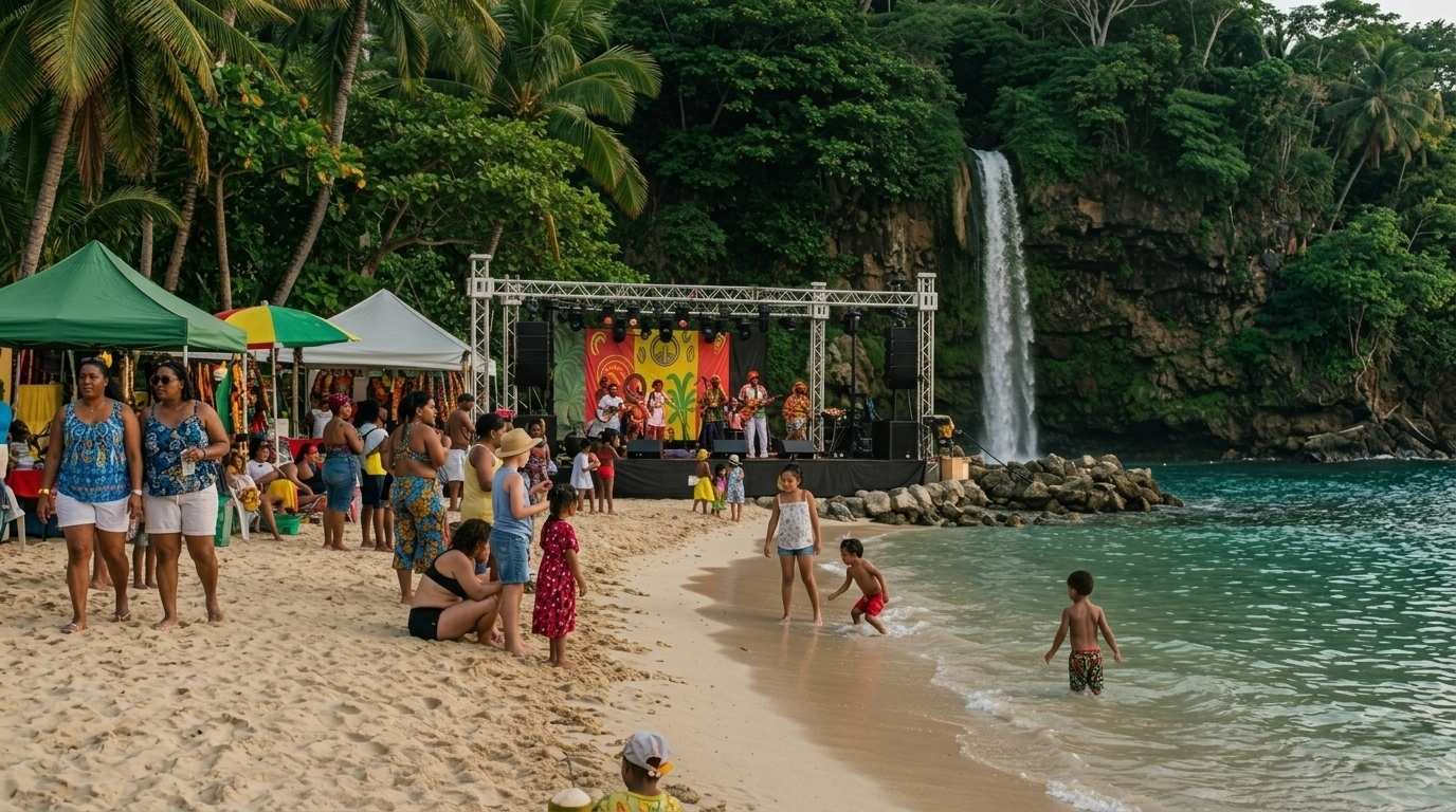 Families enjoying a beachside reggae festival in Ocho Rios with food, music, and tropical scenery in Jamaica, capturing the vibrant spirit of Best Weekend Ever and top events in Jamaica.