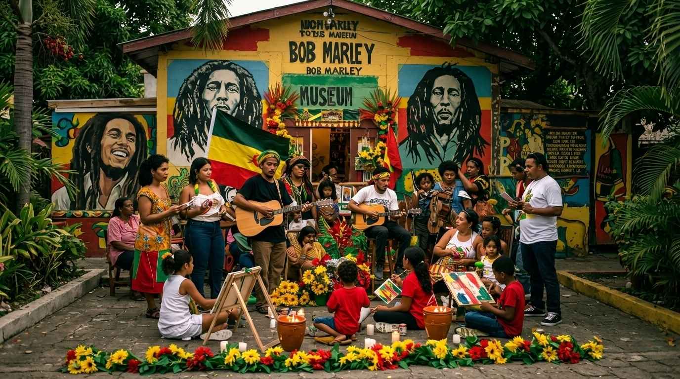 Celebration in Kingston with murals, music, and cultural tributes at a Jamaica festival, featuring Bob Marley Birthday Celebration vibes and heritage-inspired atmosphere.