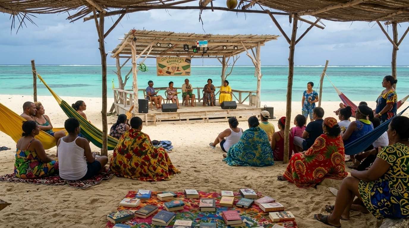 Literary beach event at Treasure Beach with authors, books, and families, featuring the Calabash International Literary Festival with storytelling, poetry, and cultural sessions by the sea.