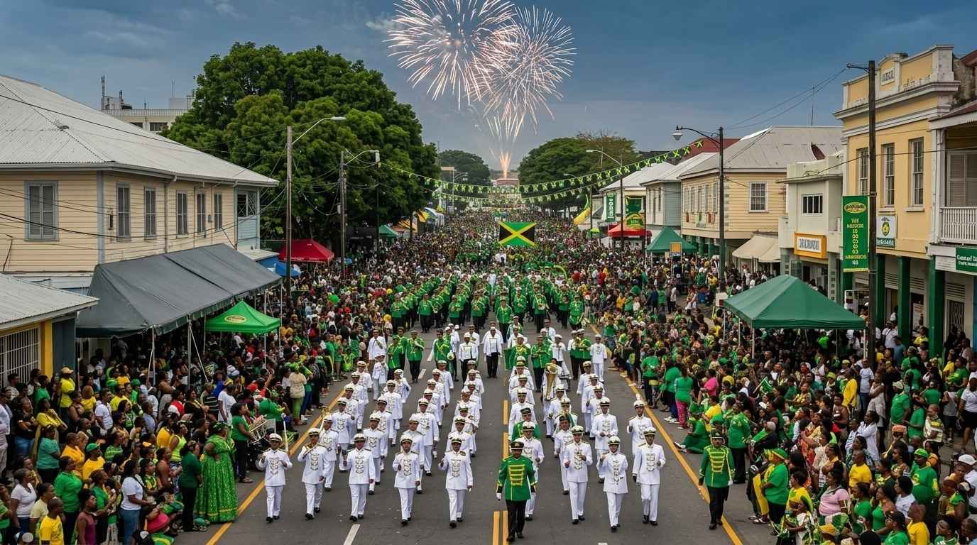 Independence Day parade in Kingston with flags, fireworks, and families celebrating Jamaican unity.