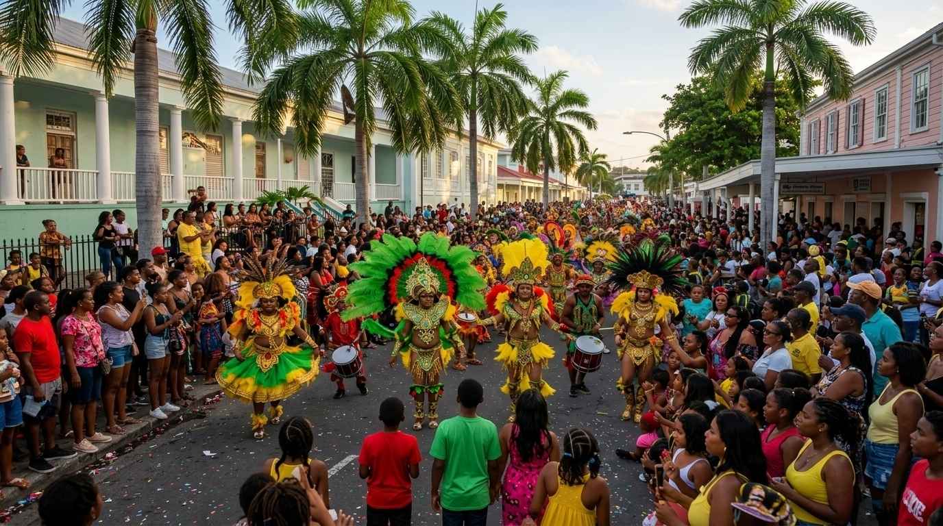 Colorful street parade during carnival in jamaica and other events in Jamaica with dancers, vibrant costumes, and energetic music, capturing a lively Caribbean festival atmosphere.