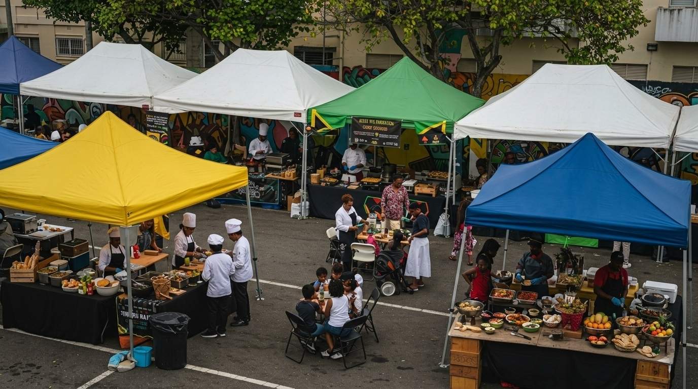 Families enjoying Jamaica festival with live cooking, jerk food, and street art in Kingston