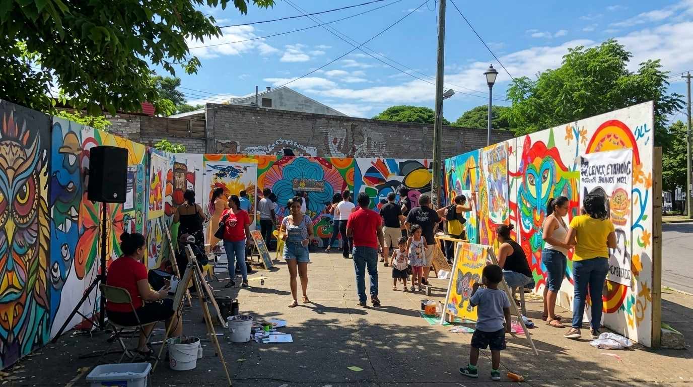 Vibrant street art festival in downtown Kingston showcasing live mural painting, local crafts, musicians, and poets.