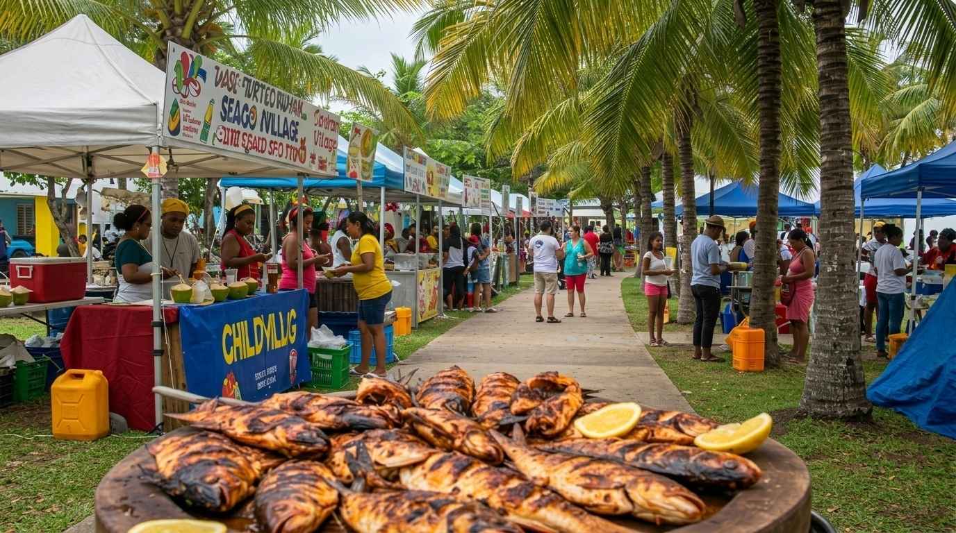 Families enjoying a seafood festival in Ocho Rios with food booths and live music at Turtle River Park.