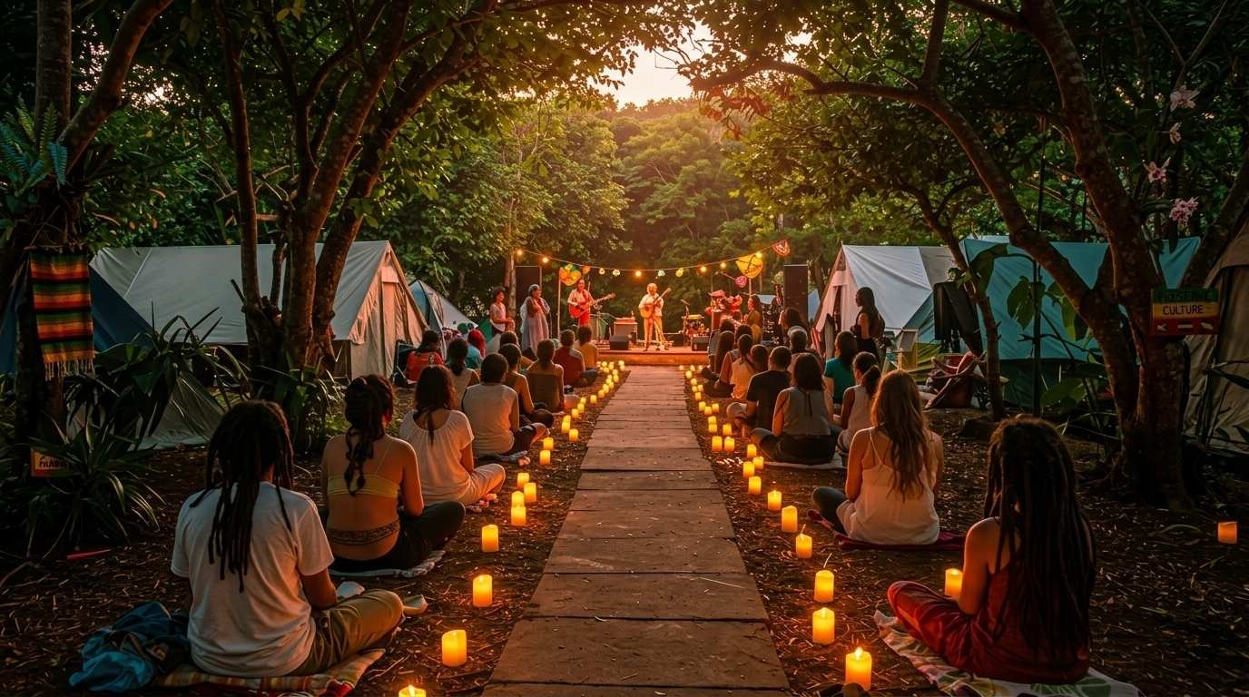 Peaceful reggae gathering in St. Ann with camping, sunrise meditation, and acoustic performances — a unique event in Jamaica, known as Rebel Salute Jamaica.