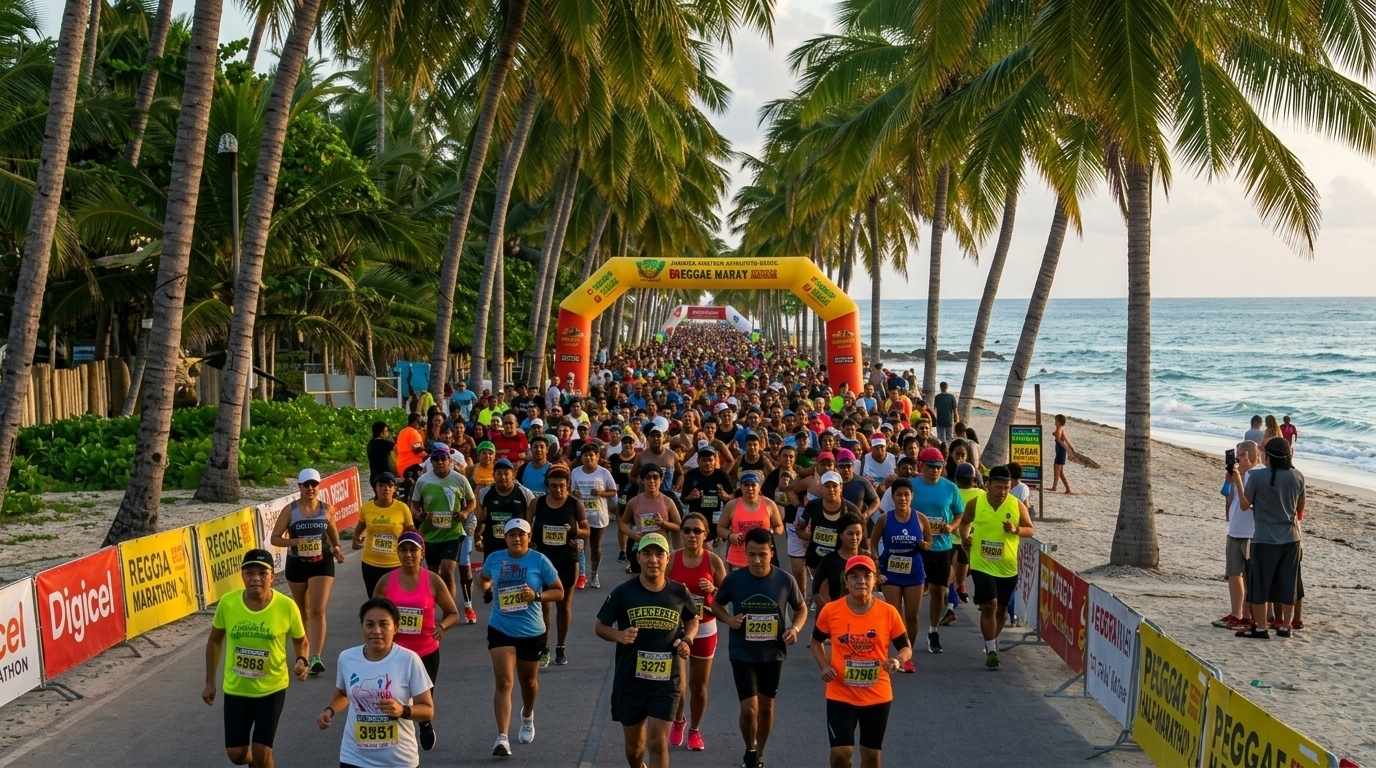 Early morning marathon at Reggae Marathon 2026 in Negril with tropical beach and reggae vibe