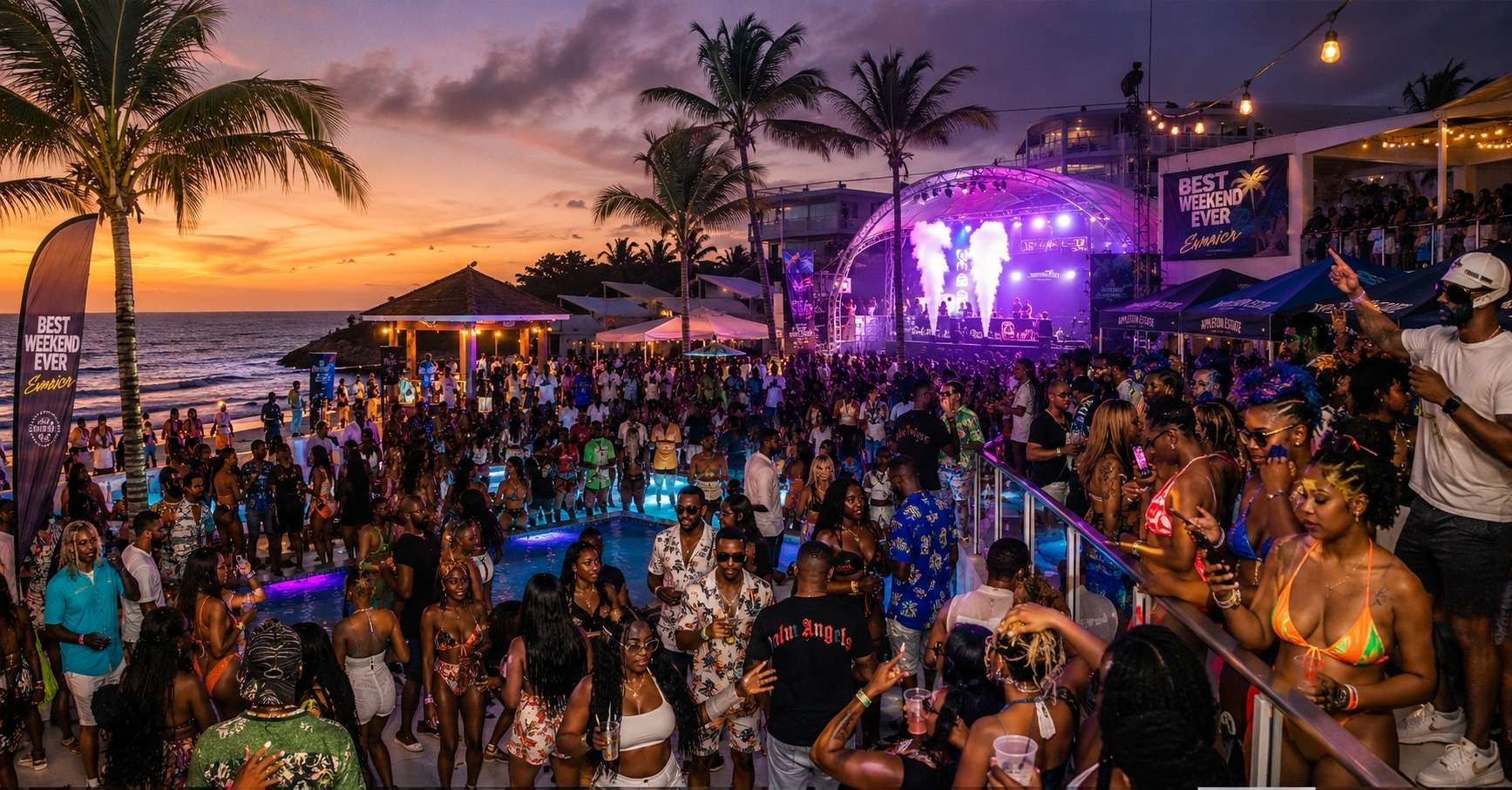 Best Weekend Ever Jamaica 2026 nightlife and beach party scene with DJs, VIP sections, soca and dancehall events, and international travelers in Ocho Rios and Montego Bay.