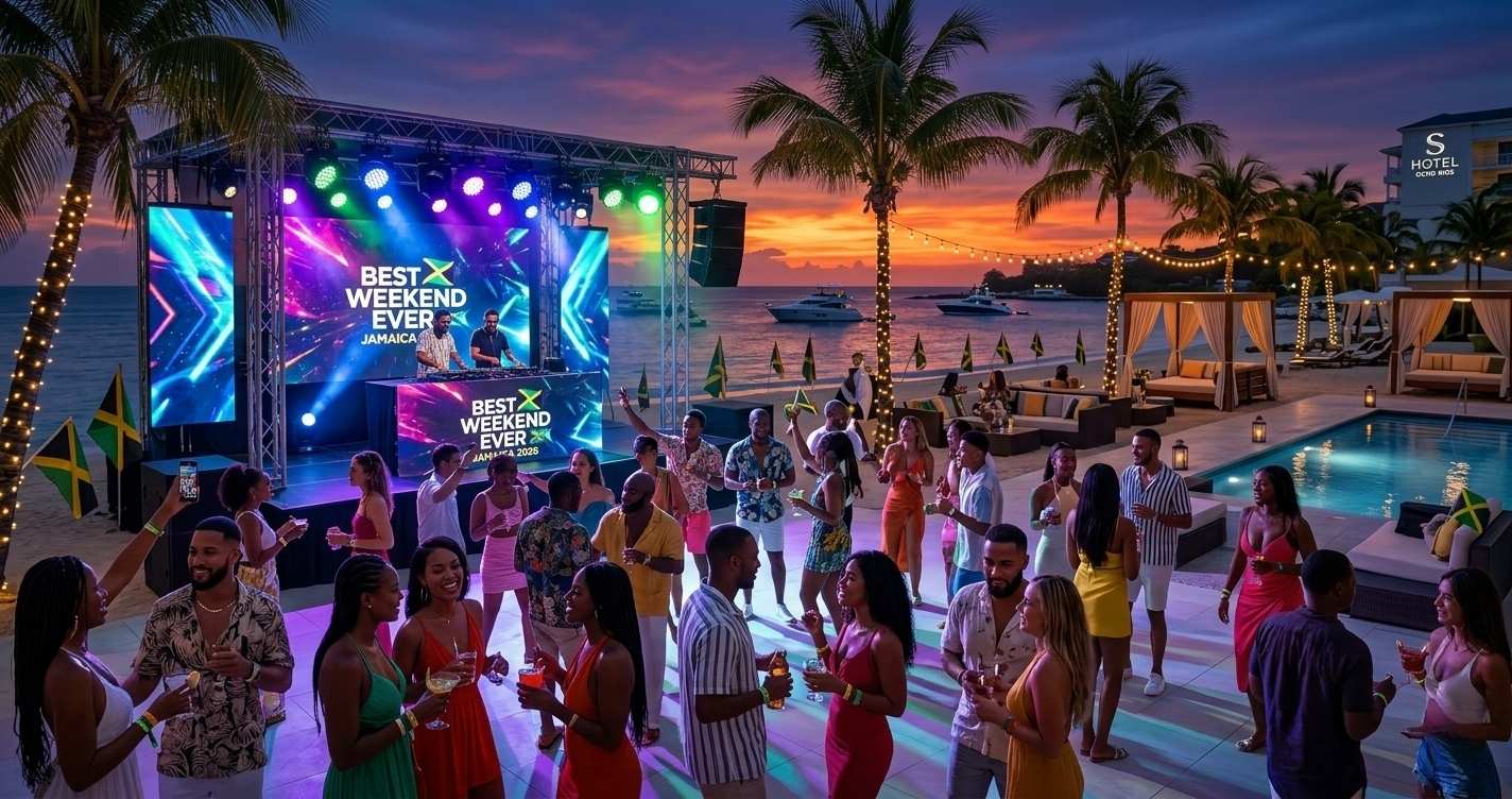 Best Weekend Ever Jamaica 2026 beach party atmosphere in Ocho Rios with live DJs, nightlife, luxury resort vibes, and international travelers celebrating Jamaica Independence weekend.
