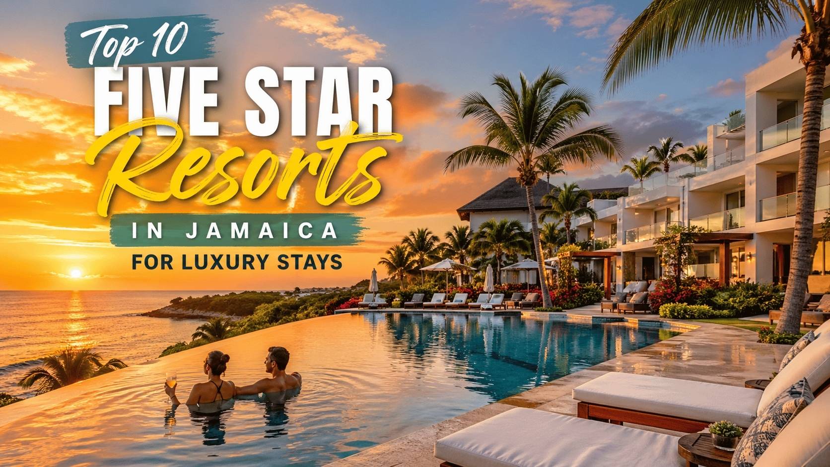 Luxury beachfront resort in Jamaica with infinity pool, ocean view, palm trees, and travelers enjoying a Five Star Resorts in Jamaica tropical vacation experience at sunset.