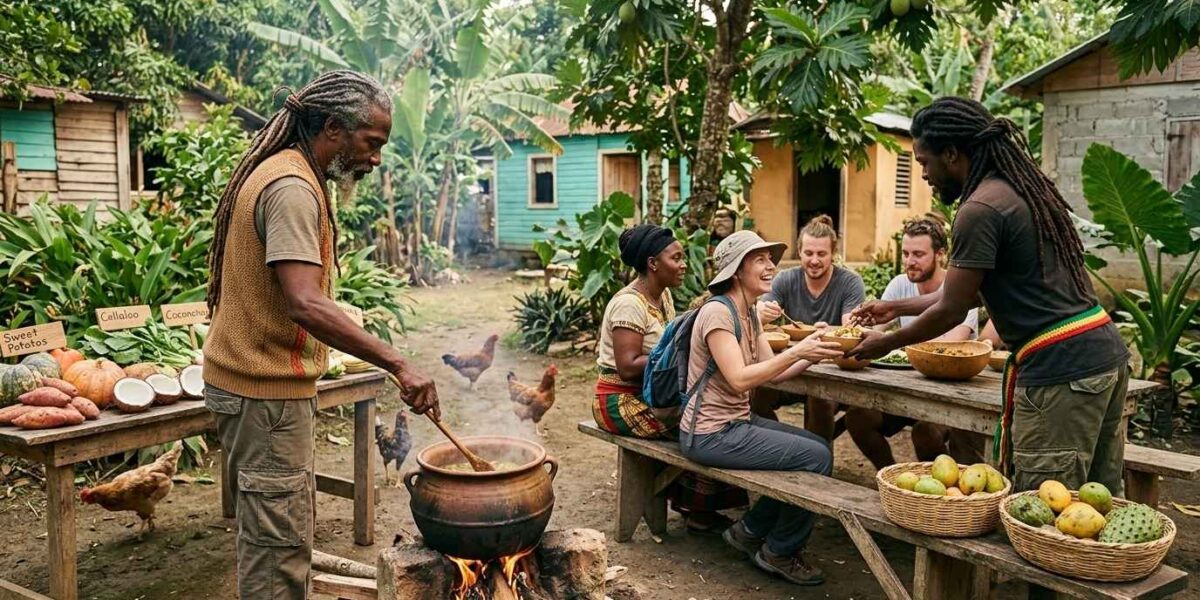 Local Rastafarians and tourists sharing authentic Ital cuisine in Jamaica with fresh organic food prepared in a rural outdoor cooking setting