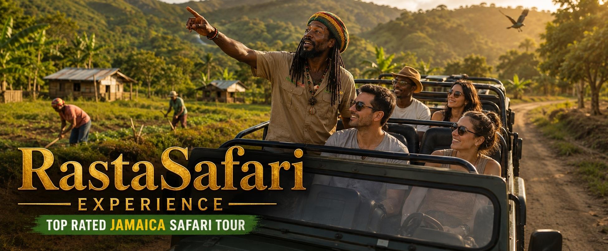 RastaSafari Experience cultural jeep tour in Jamaica showing Rastafarian guide with tourists exploring lush countryside and farms during a real safari adventure.