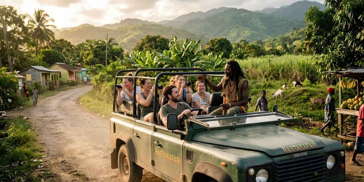Rastasafari Experience in Jamaica showing an open jeep safari tour with Rastafarian guide and tourists exploring lush countryside in a real travel adventure scene