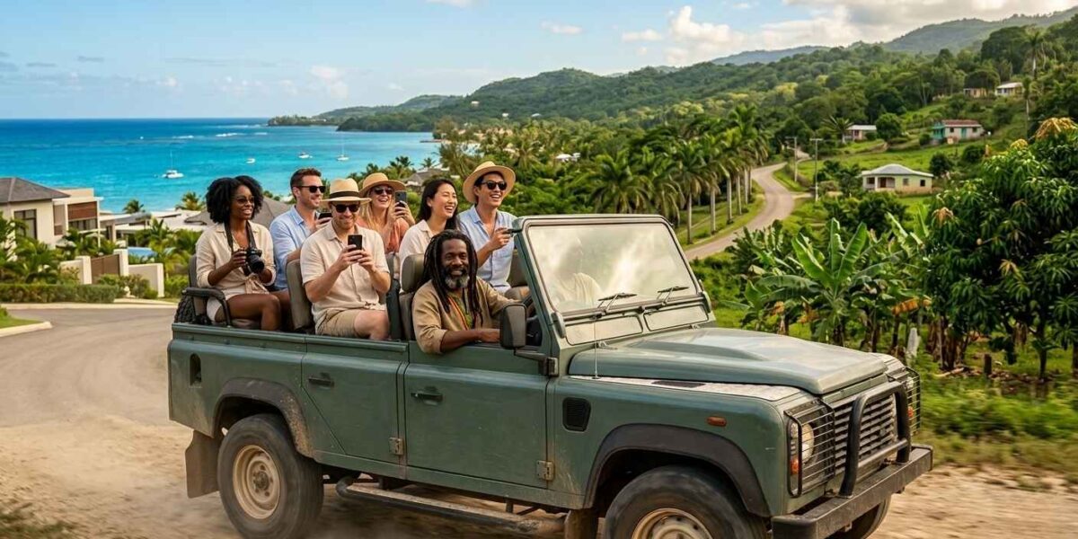 Rastasafari Experience from Montego Bay showing a safari jeep departing coastal resort area toward Jamaican countryside with Rastafarian guide and tourists enjoying the journey