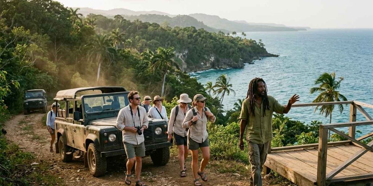 Rastasafari Negril Experience showing tourists stepping out of safari jeep at jungle cliff viewpoint overlooking Caribbean Sea with Rastafarian guide explaining scenery