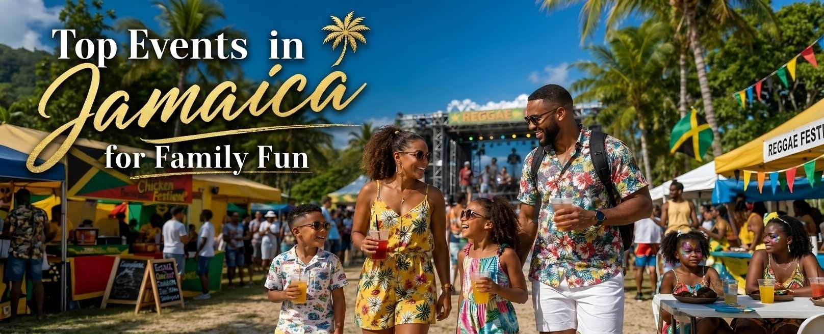 Family enjoying vibrant Events in Jamaica with live music, food stalls, and cultural festival atmosphere in a tropical outdoor setting.