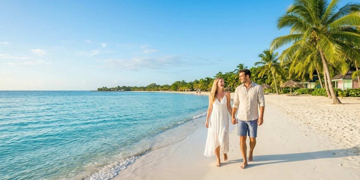Is Beaches Negril Safe? Couple enjoying a peaceful beach walk in Negril with calm Caribbean waters.
